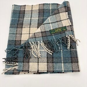 Foxford Ireland 100% Lambswool Plaid Scarf Blue Gray Cream Black Fringe